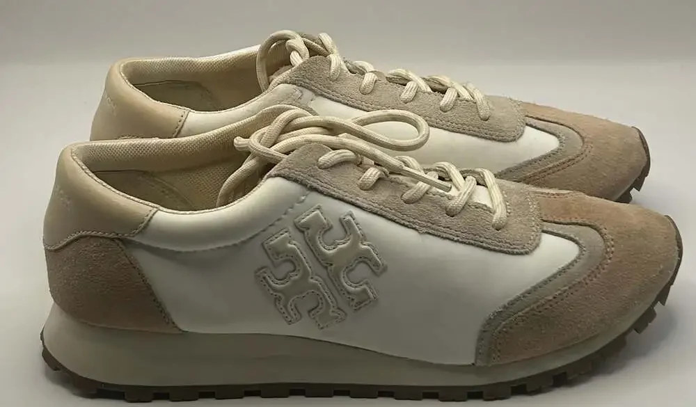 Tory Burch Tory Leather and Suede Retro Sneakers White Tan